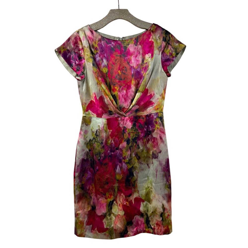 LK Bennett Silk Dress Painterly Sheath Colorful Cap Sleeve Boat Neck 4 Designer